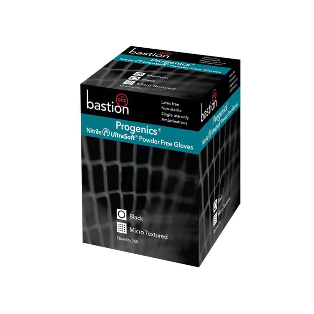 Box of Bastion Progenics Ultra Soft black nitrile exam gloves, powder-free and suitable for medical and professional use
