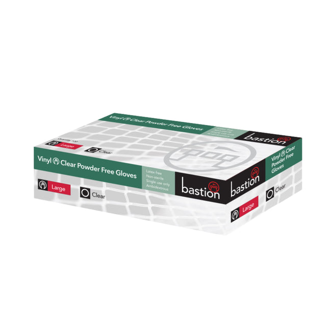 Bastion clear vinyl exam gloves in large size, powder-free for comfortable barrier protection