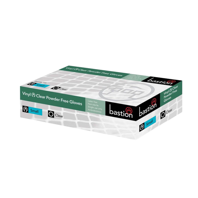 Bastion clear vinyl gloves in small size, designed for lightweight protection and precision tasks
