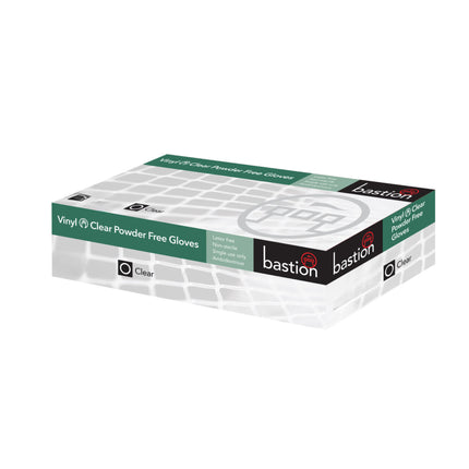 Box of Bastion clear powder-free vinyl exam gloves suitable for healthcare, cleaning and food service