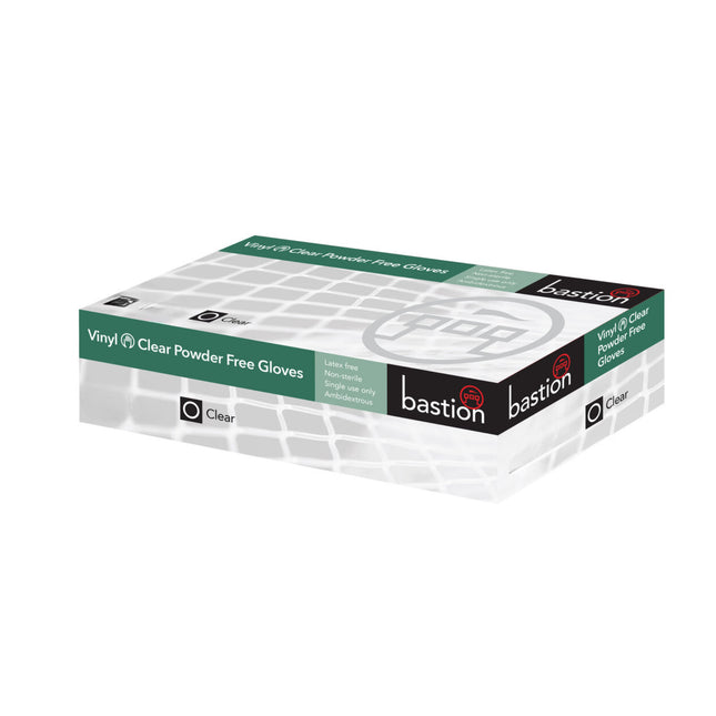 Box of Bastion clear powder-free vinyl exam gloves suitable for healthcare, cleaning and food service