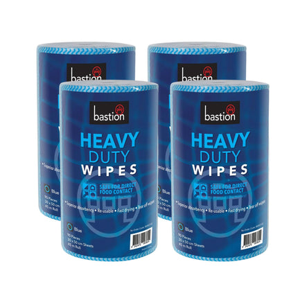 Bastion blue reusable wipes with 90 sheets per roll, safe for food contact, providing high absorbency for tough cleaning jobs