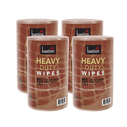 Bastion heavy-duty brown reusable wipes, ideal for industrial cleaning, food-safe, and fast-drying with 90 sheets per roll