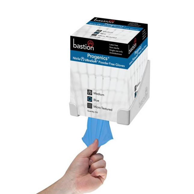 Bastion Progenics nitrile gloves box with cuff-first dispensing system, blue gloves being pulled out