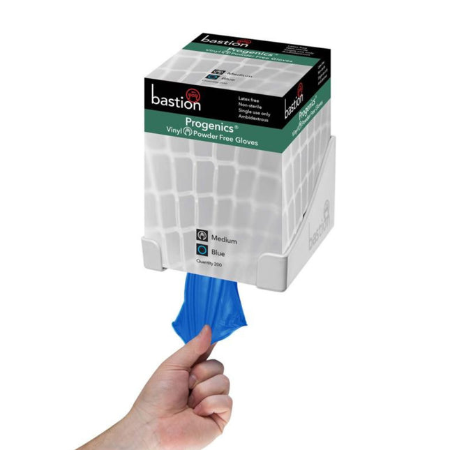Person pulling blue glove from Bastion Progenics Powder-Free Vinyl Gloves box