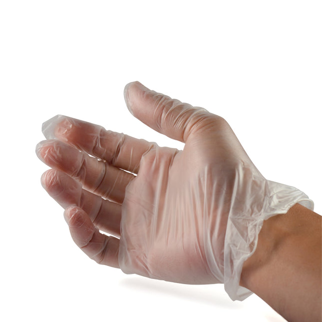 Person putting on clear powder-free vinyl exam gloves for hygiene and food handling tasks