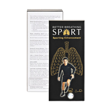 Product packaging for 'Better Breathing Sport' with a person and lung graphic on a black background.