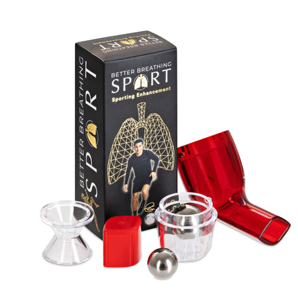 Better Breathing Sports pack contents including breathing device parts, mouthpiece, stainless steel balls, and instruction manual