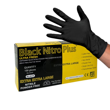 Extra extra large black nitrile gloves by Ultra Fresh with long cuff design for heavy-duty industrial and workshop use
