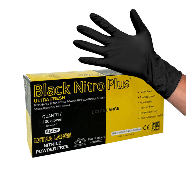 Box of Black Nitro Plus Extra Large black nitrile disposable gloves featuring extended cuff for improved splash and chemical protection
