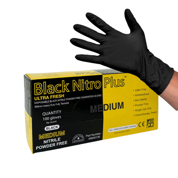 Medium-sized Black Nitro black nitrile gloves with extended wrist coverage, powder-free and suitable for industrial tasks