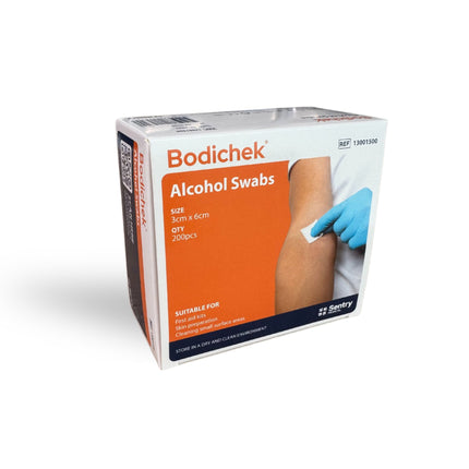 Box of Bodichek Alcohol Swabs on a white background