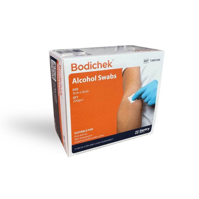 Box of Bodichek Alcohol Swabs on a white background