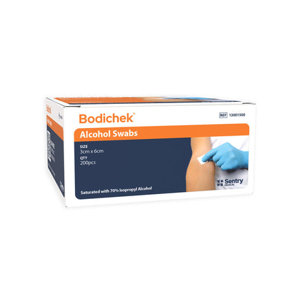 Box of Bodichek Alcohol Swabs front side with swab