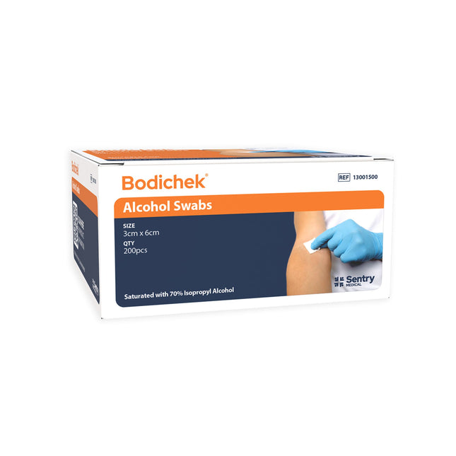 Box of Bodichek Alcohol Swabs front side with swab