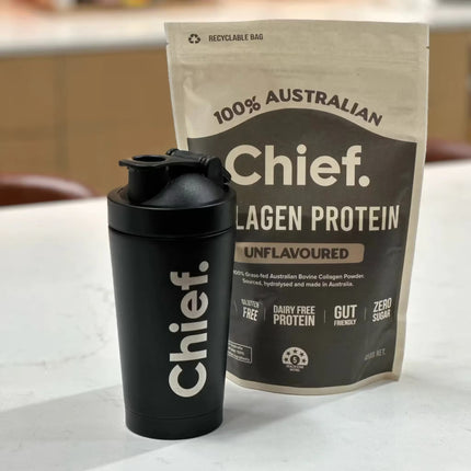 Chief stainless steel protein shaker to be used with Chief protein powder