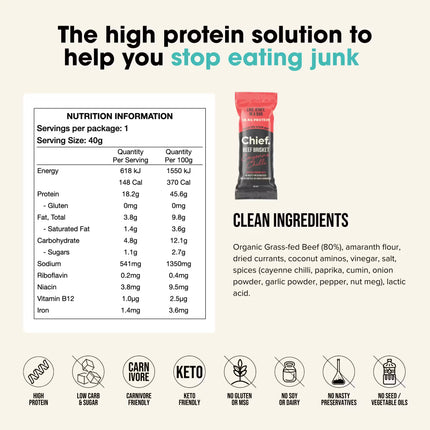 Chief Beef Brisket Cayenne Chilli protein bar packaging with nutrition information and clean ingredients list