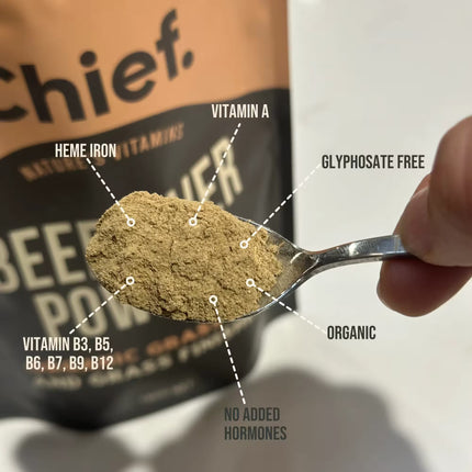 Spoonful of beef liver powder with labeled health benefits against a Chief Beef Liver Powder packaging