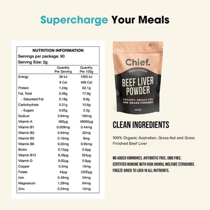 Chief Beef Liver Powder packaging with nutrition information