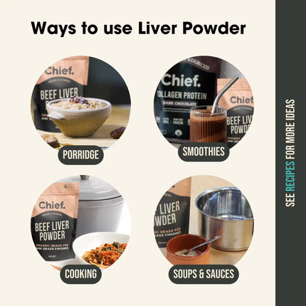 Promotional graphic showing different ways to use Chief brand beef liver powder with images and text