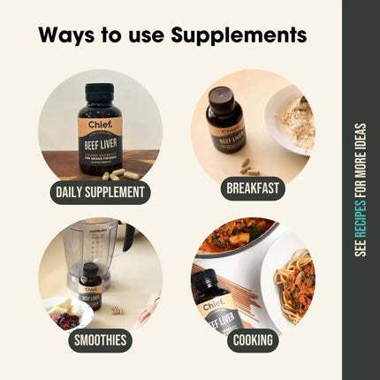Supplement usage ideas including daily supplement, breakfast, smoothies, and cooking with Chief Beef Liver supplements products