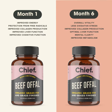 Two bottles of Chief Beef Offal multivitamins comparing month 1 and month 6 usage benefits listed