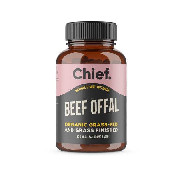 Bottle of Chief Beef Offal multivitamin capsules