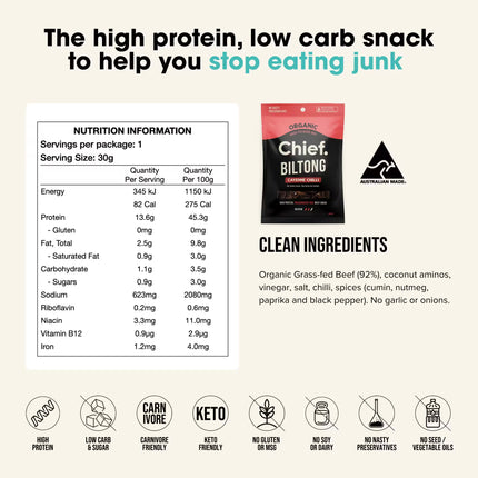 Chief Biltong Chilli flavour packaging with nutrition information and product details