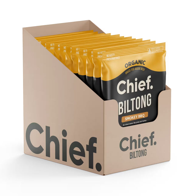 Chief Biltong Smokey BBQ 30g packaging in box of 12 