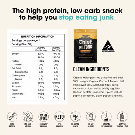 Chief Biltong Smokey BBQ packaging with nutrition information and clean ingredients details
