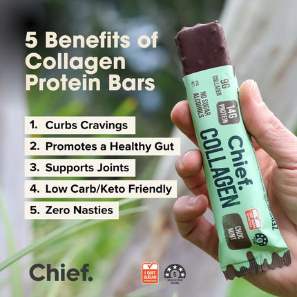 Hand holding a Chief Collagen protein bar Choc Mint flavour with benefits listed on a natural background