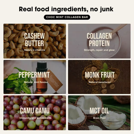 Display of real food ingredients used in a Chief Choc Mint Collagen Bar with labels.