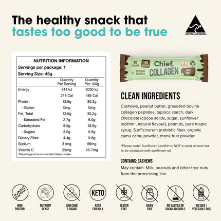Chief Collagen Bar Choc Mint packaging with nutrition information and ingredient list