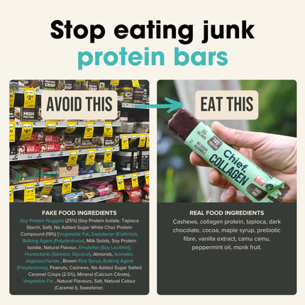 Comparison of Chief Collagen Bar Choc Mint with 'Avoid This' and 'Eat This' labels, highlighting real food ingredients