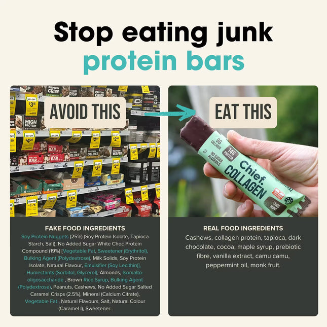 Comparison of Chief Collagen Bar Choc Mint with 'Avoid This' and 'Eat This' labels, highlighting real food ingredients
