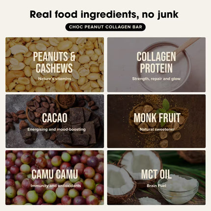 Ingredients of Chief Collagen Protein Bar Choc Peanut flavour displayed with labels