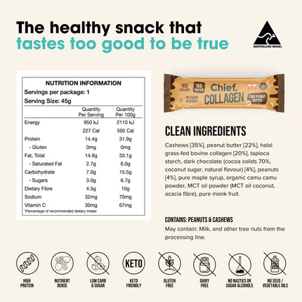Chief Collagen Protein Bar Choc Peanut flavour packaging with nutrition information and ingredient list