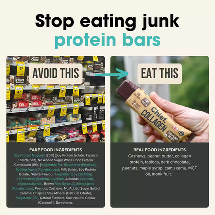 Comparison of with 'Avoid This' and 'Eat This' labels, highlighting real food ingredients from the Chief Collagen Protein Bar Choc Peanut flavour