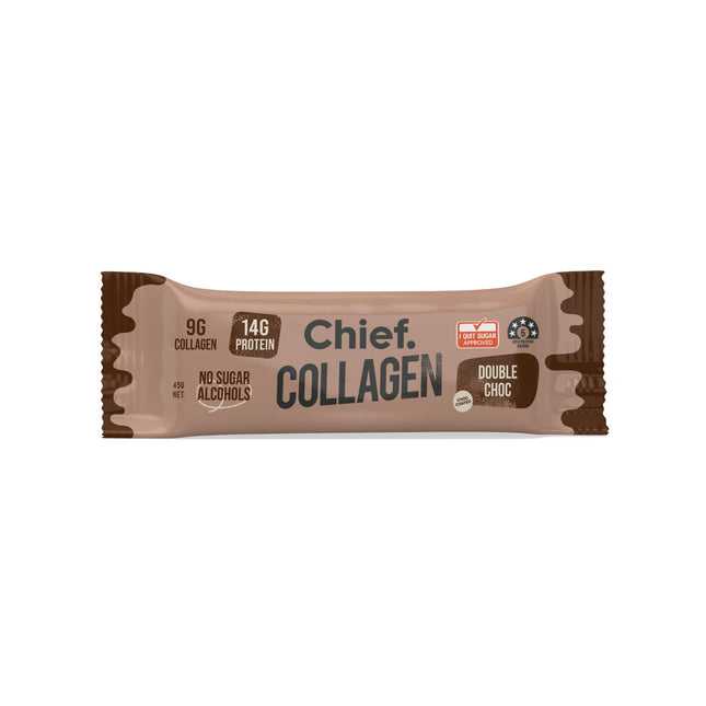 Chief Double Choc Collagen protein bar 45g packaging
