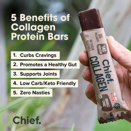 Hand holding a Chief Double Choc Collagen protein bar with benefits listed on a natural background