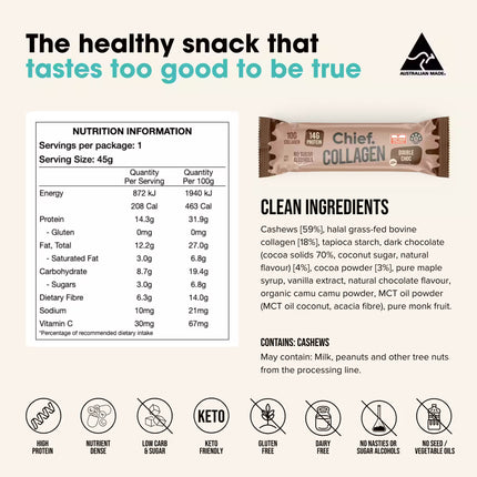 Chief Double Choc Collagen protein bar packaging with nutrition information and ingredient list