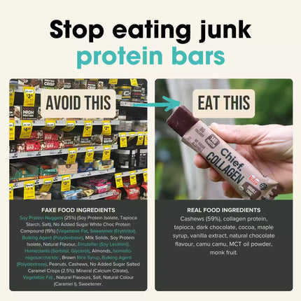 Comparison of protein bars with a focus on 'Chief Double Choc Collagen protein' bar and warning against junk protein bars.