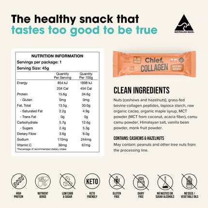 Chief Hazelnut Brownie Collagen Protein bar  package with nutrition information and clean ingredients list