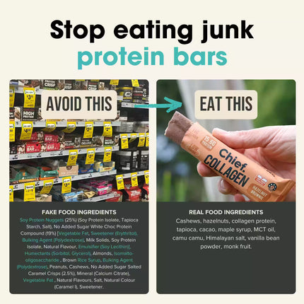 Comparison of protein bars with 'fake food ingredients' and 'real food ingredients' highlighted from Chief Hazelnut Brownie Collagen Protein bar 