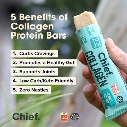 Chief Peanut Butter Collagen Protein Bar with benefits listed and a hand holding it.