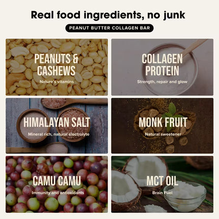 Chief Peanut Butter Collagen Protein Bar ingredients displayed with images and text.