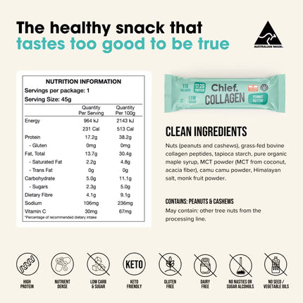 Chief Peanut Butter Collagen Protein Bar package with nutrition information and clean ingredients list