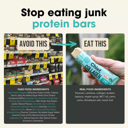 Comparison of protein bars with 'fake food ingredients' and 'real food ingredients' labels from the Chief Peanut Butter Collagen Protein Bar