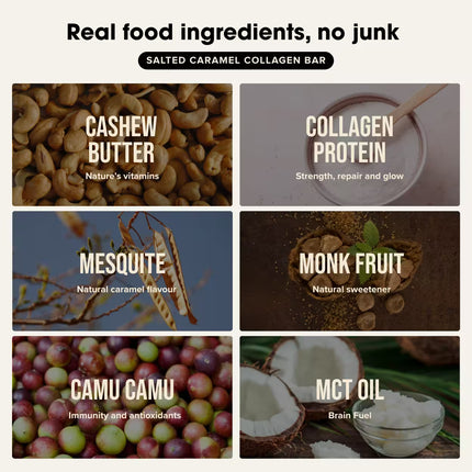 Display of real food ingredients used in Salted Caramel Chief collagen bar with labels