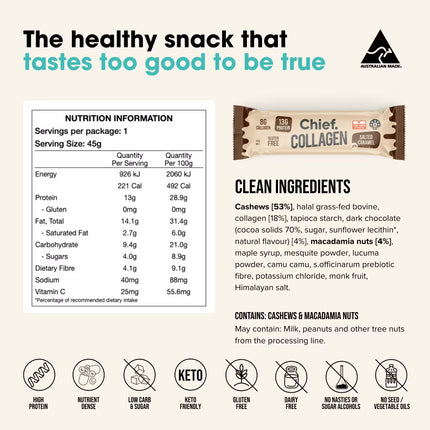 Chief Collagen Protein Bar Salted Caramel with nutrition information and clean ingredients list